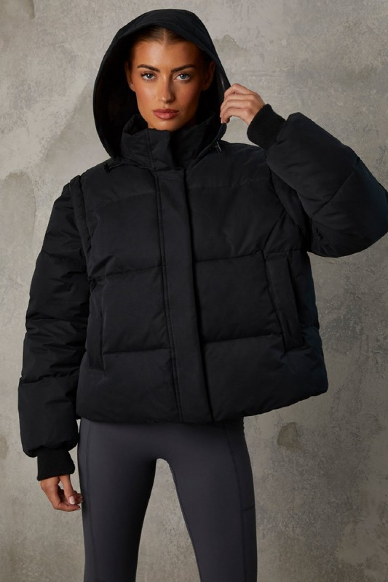 Black Women's Bo And Tee Cropped with Detachable Sleeves Puffer Jacket | 13987-ZEKM