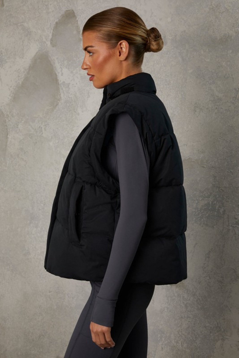 Black Women's Bo And Tee Cropped with Detachable Sleeves Puffer Jacket | 13987-ZEKM