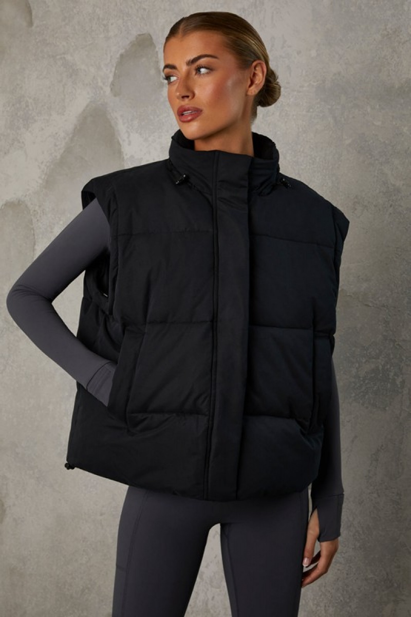 Black Women's Bo And Tee Cropped with Detachable Sleeves Puffer Jacket | 13987-ZEKM