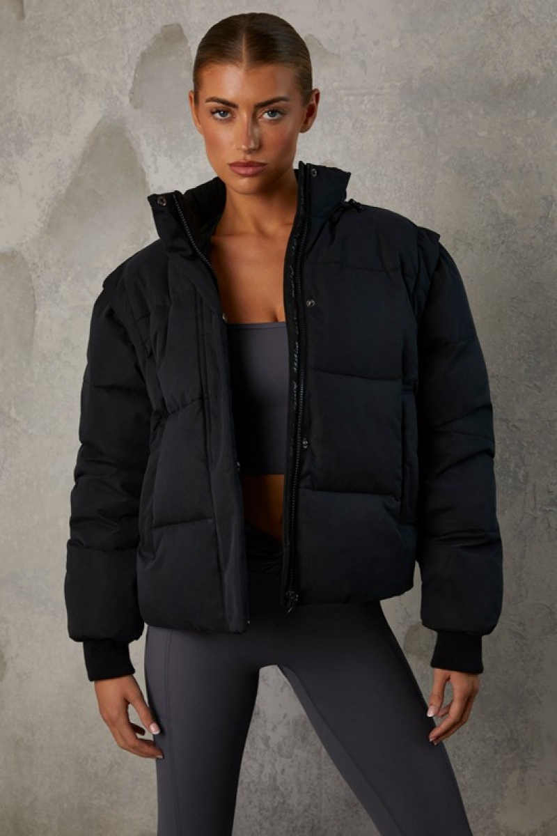 Black Women's Bo And Tee Cropped with Detachable Sleeves Puffer Jacket | 13987-ZEKM