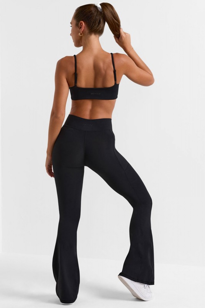 Black Women's Bo And Tee Cross Waistband Flare Pocket Leggings | 41702-DMZS