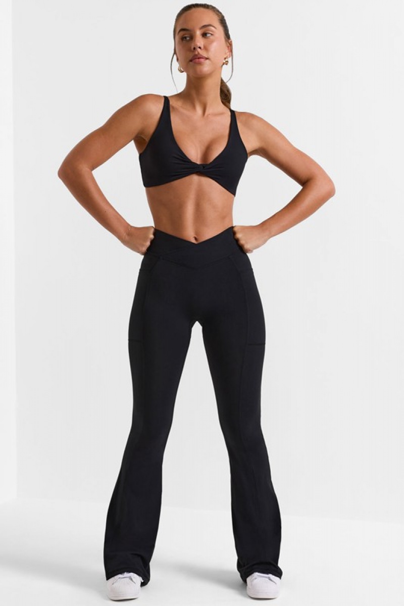 Black Women's Bo And Tee Cross Waistband Flare Pocket Leggings | 41702-DMZS