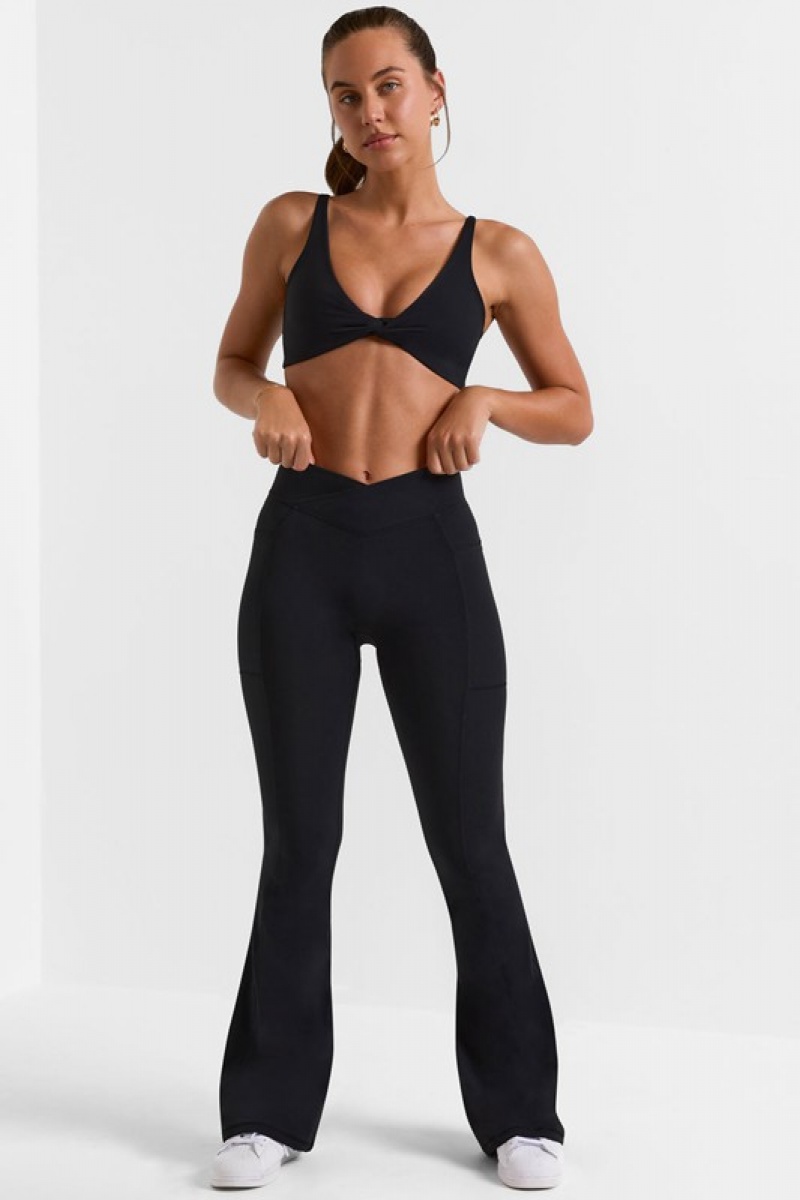 Black Women's Bo And Tee Cross Waistband Flare Pocket Leggings | 41702-DMZS