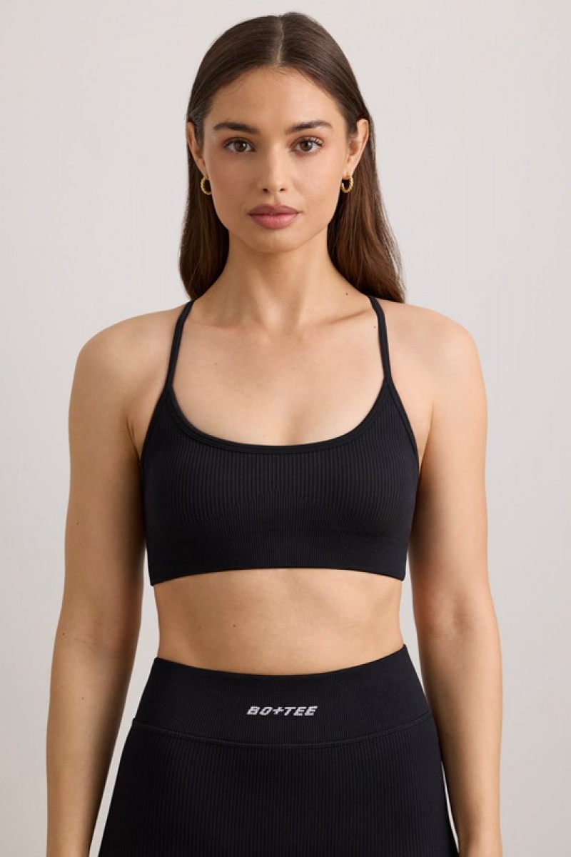 Black Women's Bo And Tee FlexiRib Scoop Neck Sports Bra | 49125-CNZD