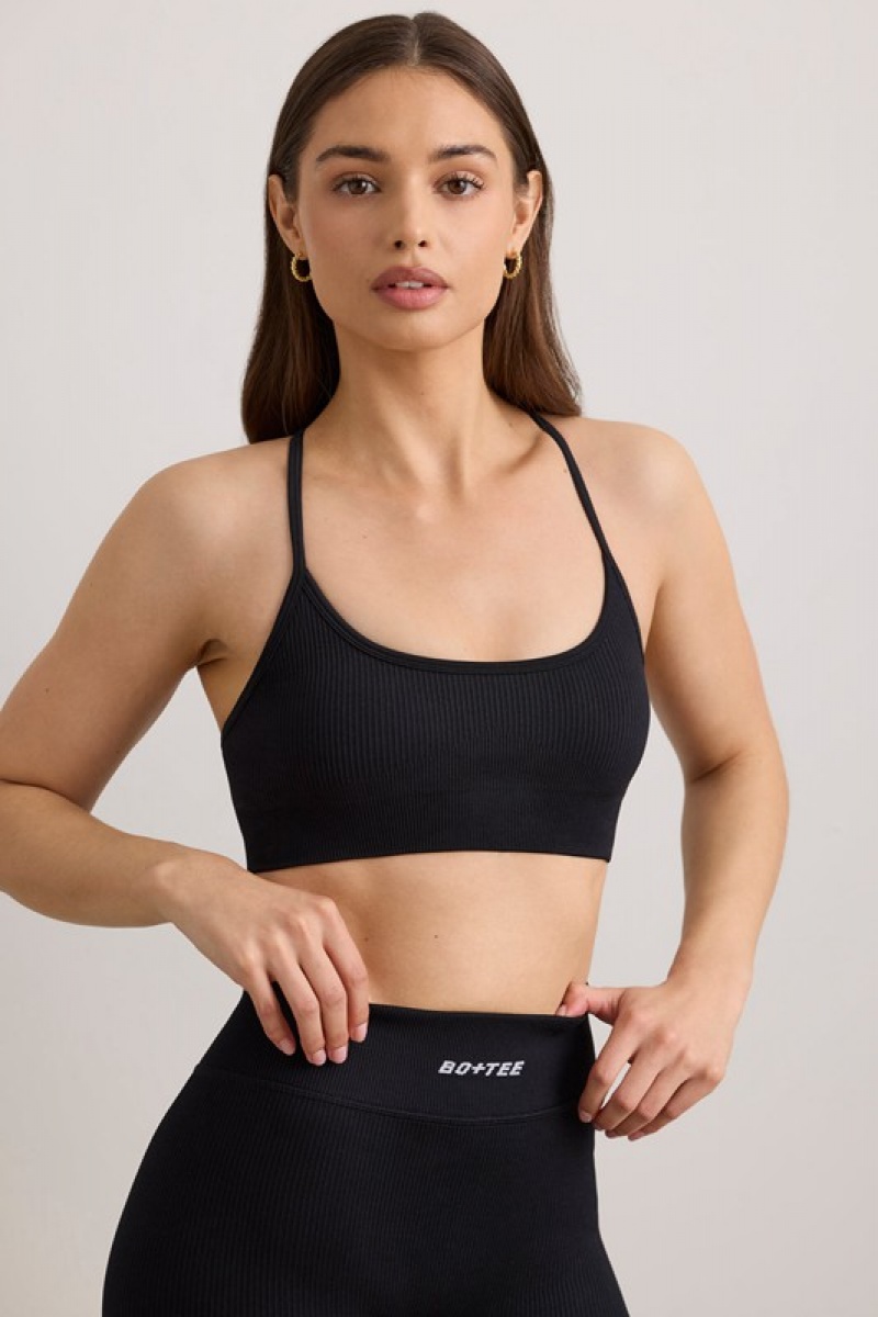 Black Women's Bo And Tee FlexiRib Scoop Neck Sports Bra | 49125-CNZD