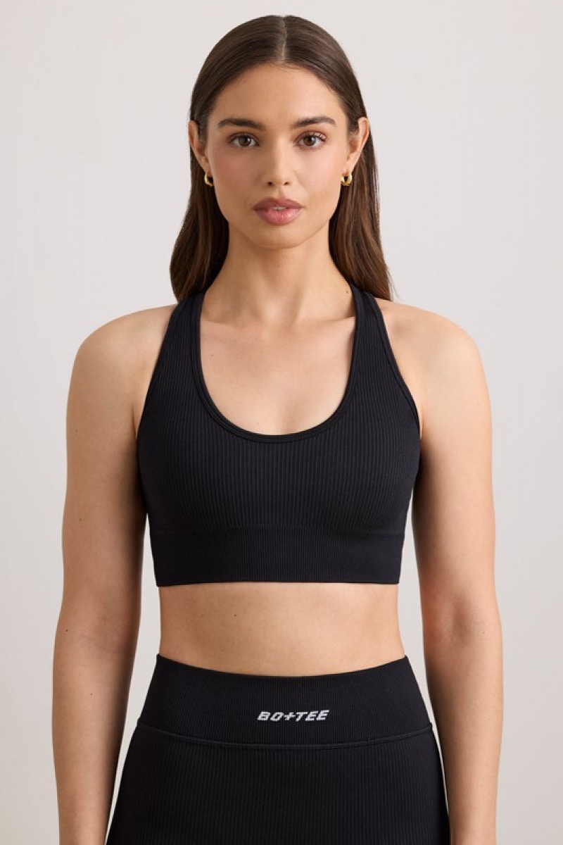 Black Women's Bo And Tee FlexiRib Wide Strap Sports Bra | 74058-TQCP