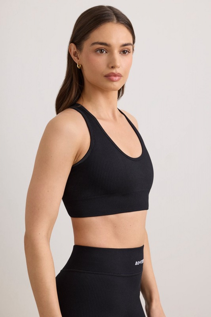 Black Women's Bo And Tee FlexiRib Wide Strap Sports Bra | 74058-TQCP