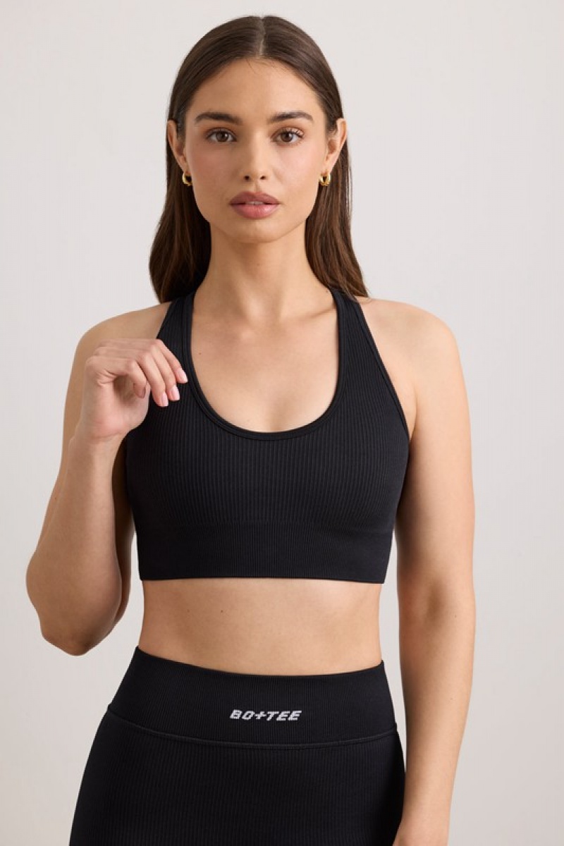 Black Women's Bo And Tee FlexiRib Wide Strap Sports Bra | 74058-TQCP