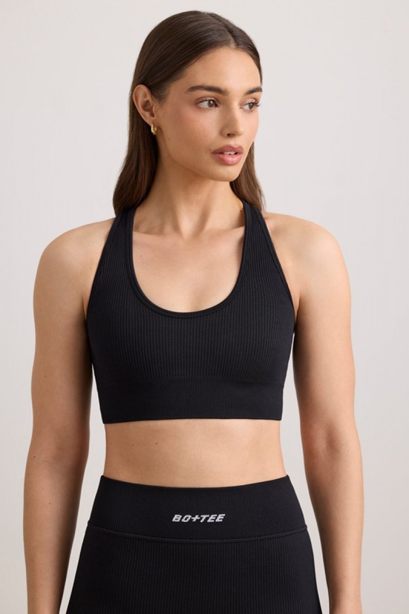 Black Women's Bo And Tee FlexiRib Wide Strap Sports Bra | 74058-TQCP