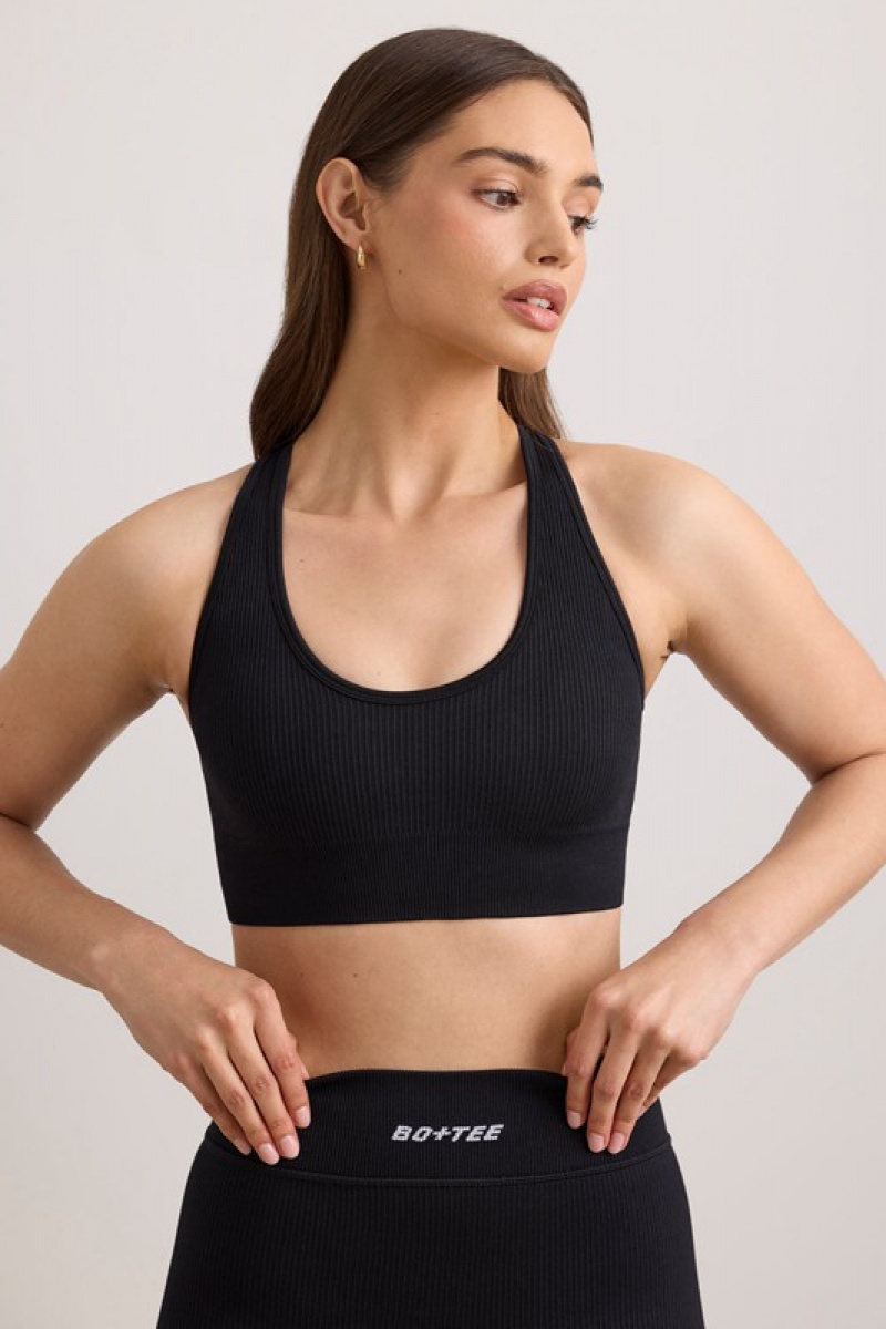 Black Women's Bo And Tee FlexiRib Wide Strap Sports Bra | 74058-TQCP