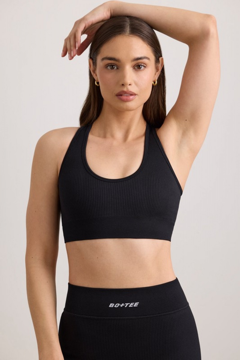 Black Women's Bo And Tee FlexiRib Wide Strap Sports Bra | 74058-TQCP