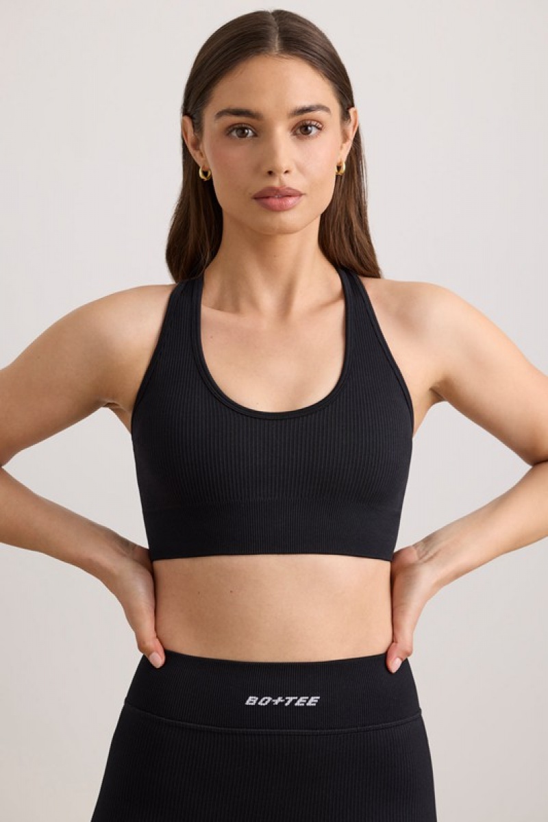 Black Women's Bo And Tee FlexiRib Wide Strap Sports Bra | 74058-TQCP