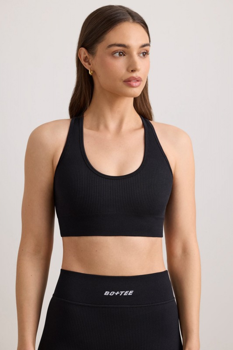 Black Women's Bo And Tee FlexiRib Wide Strap Sports Bra | 74058-TQCP