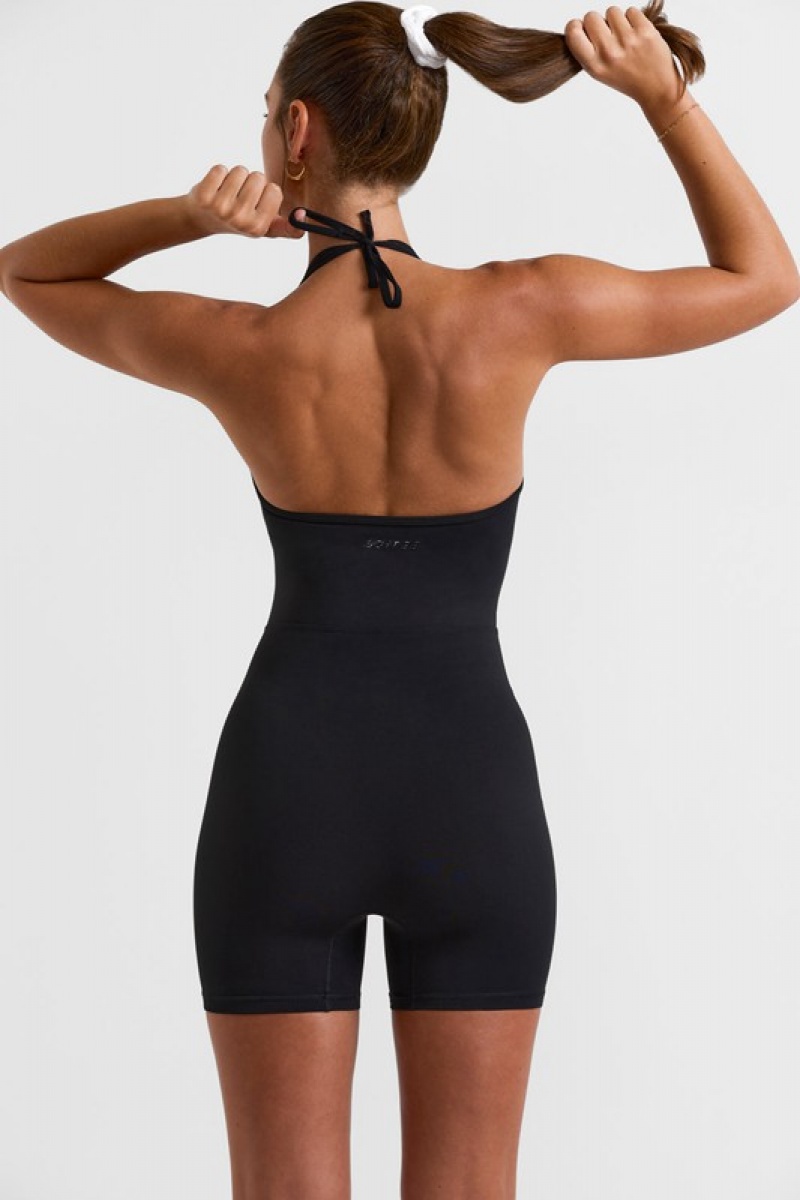 Black Women's Bo And Tee Halterneck Short Unitard | 57934-TRKZ