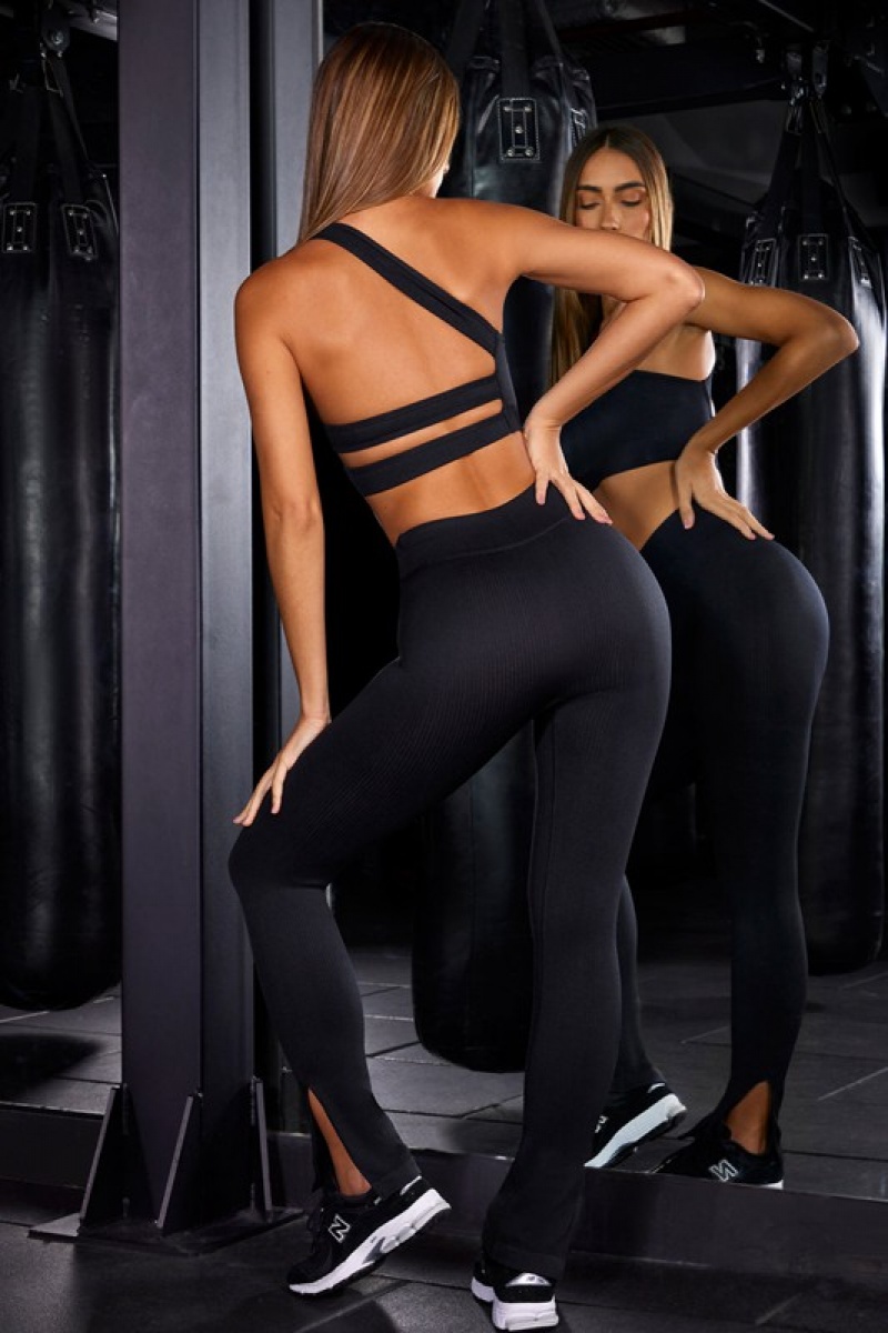 Black Women's Bo And Tee High Waist Split Flare Ribbed Leggings | 54927-CXFA