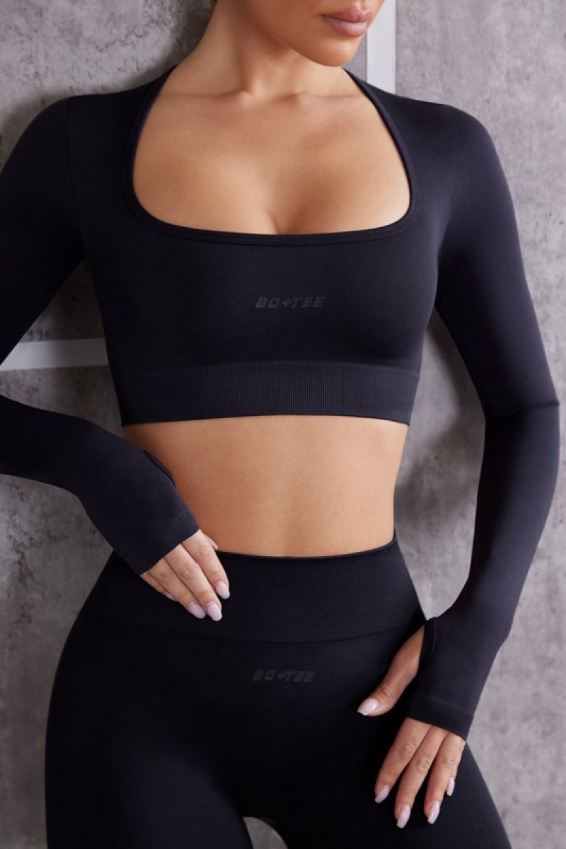 Black Women's Bo And Tee Long Sleeve Crop Tops | 41053-ROJE