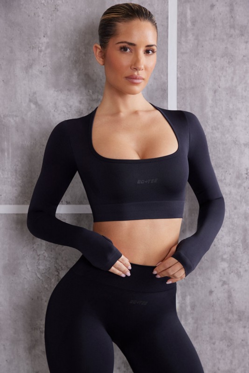 Black Women's Bo And Tee Long Sleeve Crop Tops | 41053-ROJE