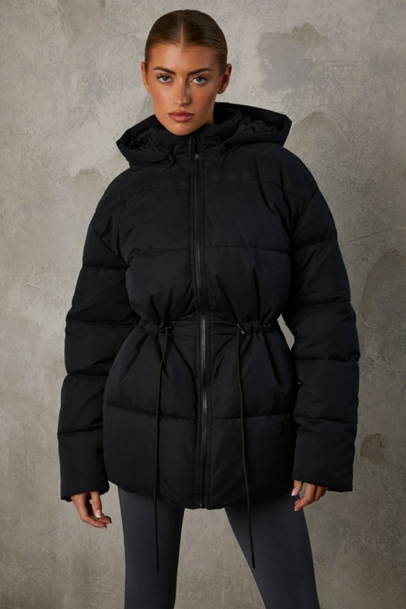 Black Women's Bo And Tee Mid Length Hooded Puffer Coat | 06897-NVWR