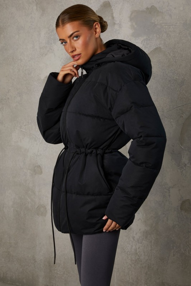 Black Women's Bo And Tee Mid Length Hooded Puffer Coat | 06897-NVWR