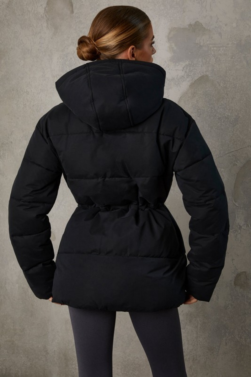 Black Women's Bo And Tee Mid Length Hooded Puffer Coat | 06897-NVWR