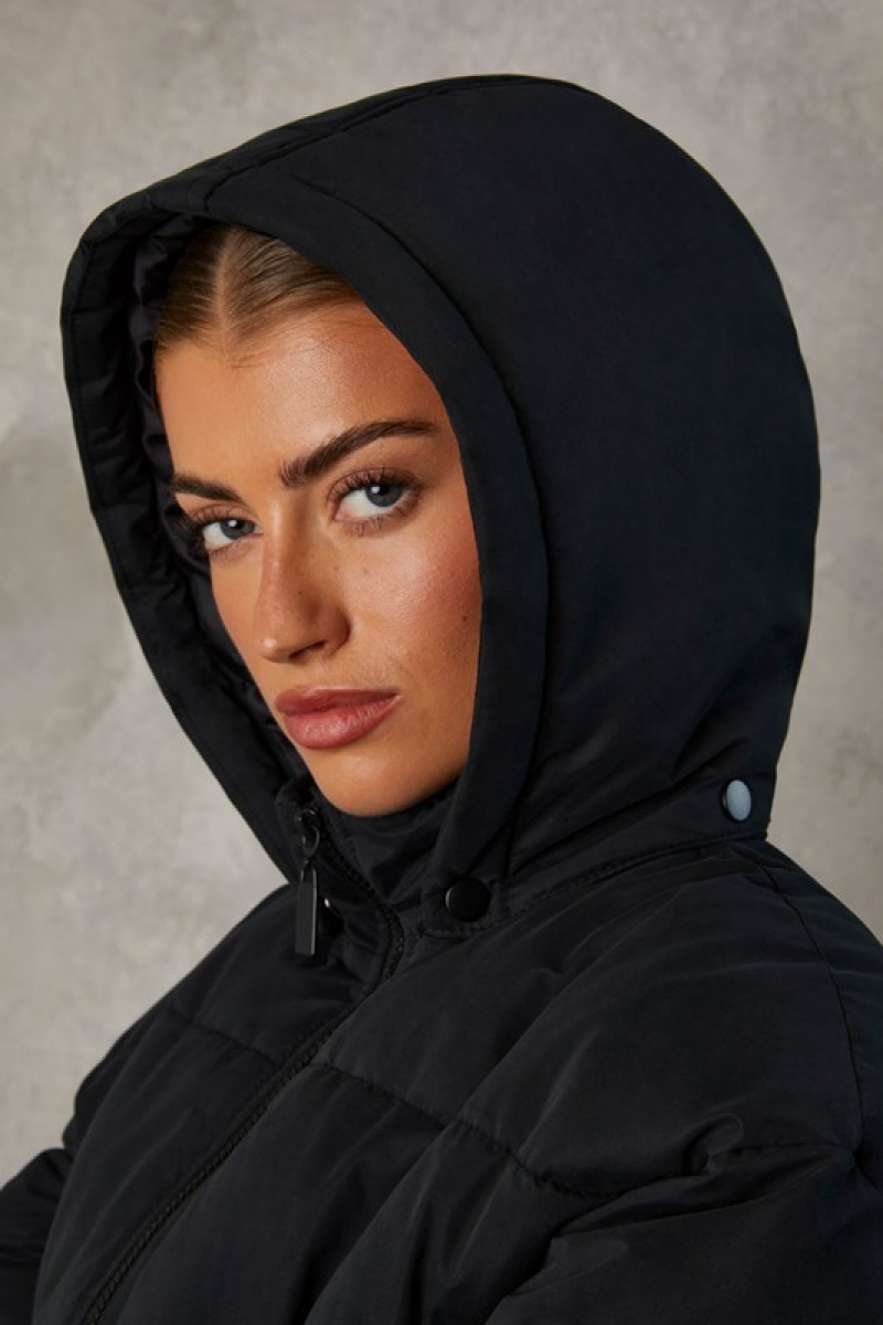 Black Women's Bo And Tee Mid Length Hooded Puffer Coat | 06897-NVWR