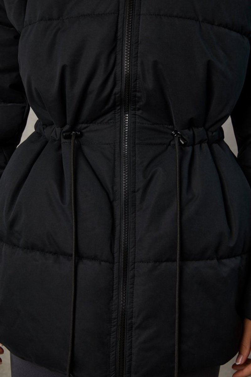 Black Women's Bo And Tee Mid Length Hooded Puffer Coat | 06897-NVWR