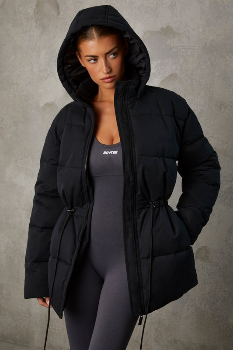 Black Women's Bo And Tee Mid Length Hooded Puffer Coat | 06897-NVWR