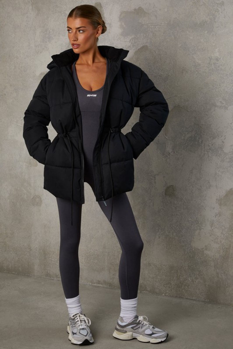 Black Women's Bo And Tee Mid Length Hooded Puffer Coat | 06897-NVWR