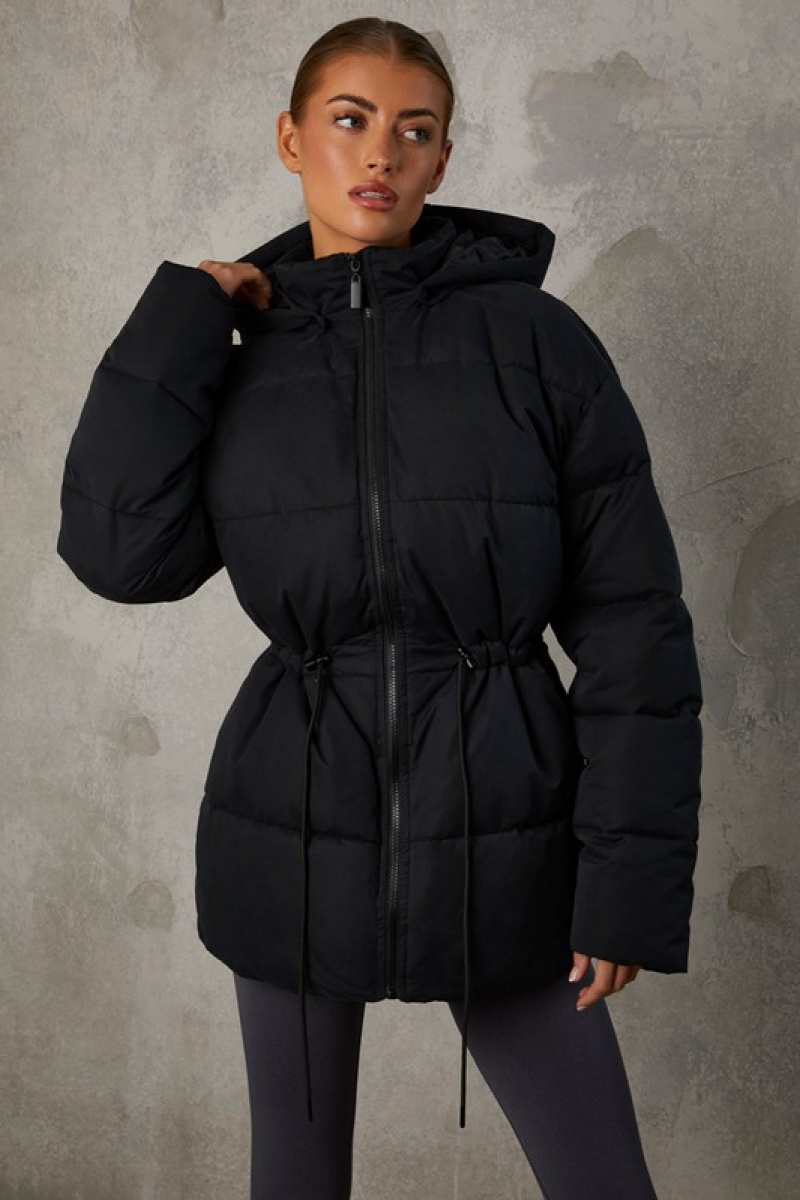 Black Women\'s Bo And Tee Mid Length Hooded Puffer Coat | 06897-NVWR