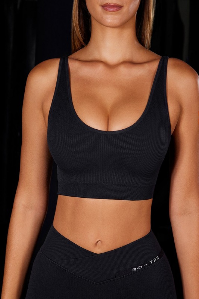 Black Women's Bo And Tee Open Back Plunge Neck Sports Bra | 56024-BPSU