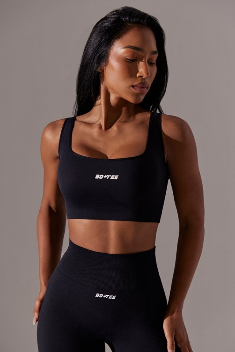 Black Women's Bo And Tee Open Back Square Neck Sports Bra | 26830-FQZM