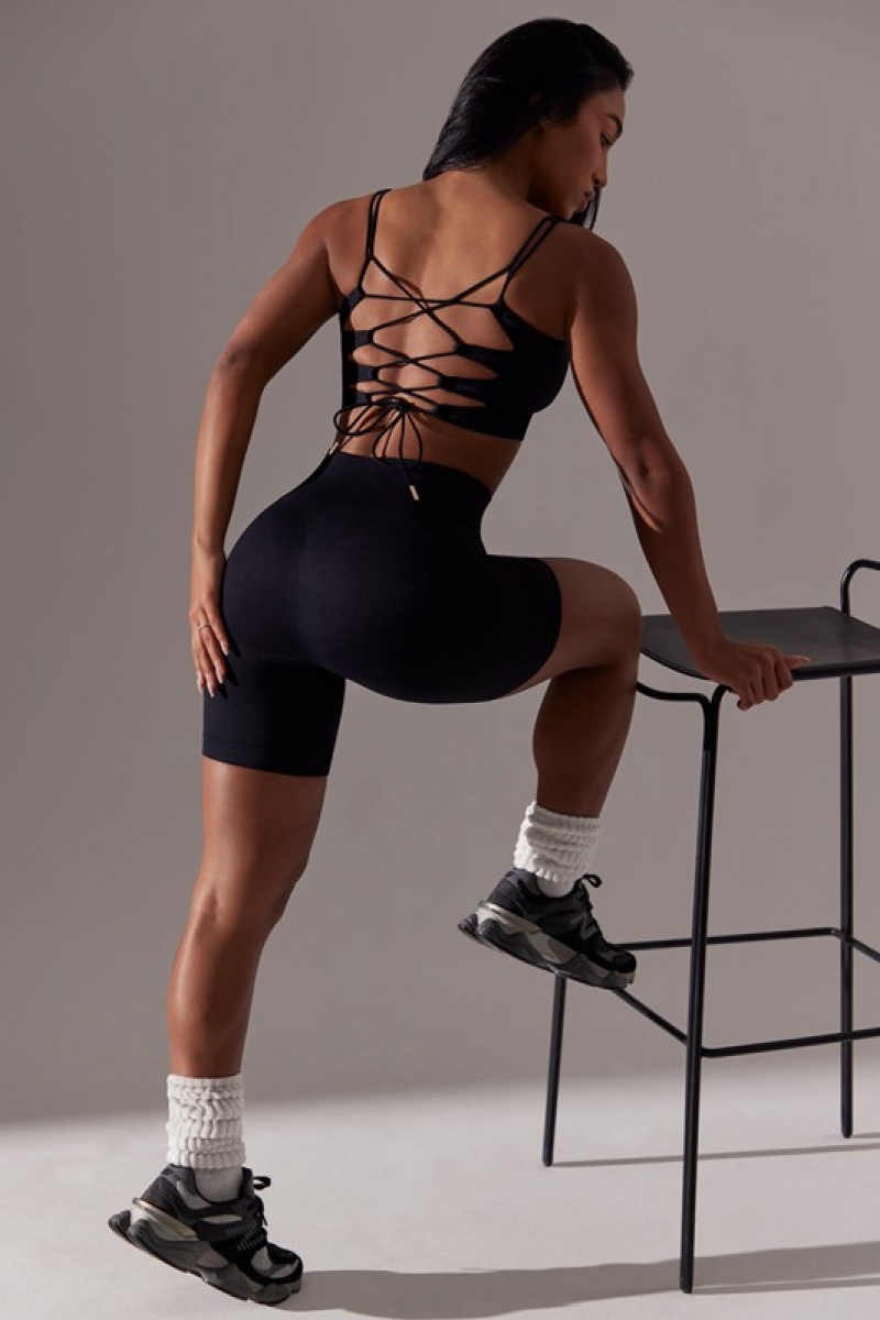 Black Women's Bo And Tee Open Back Square Neck Sports Bra | 26830-FQZM