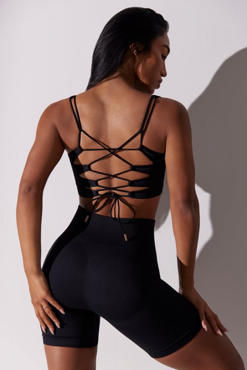 Black Women's Bo And Tee Open Back Square Neck Sports Bra | 26830-FQZM