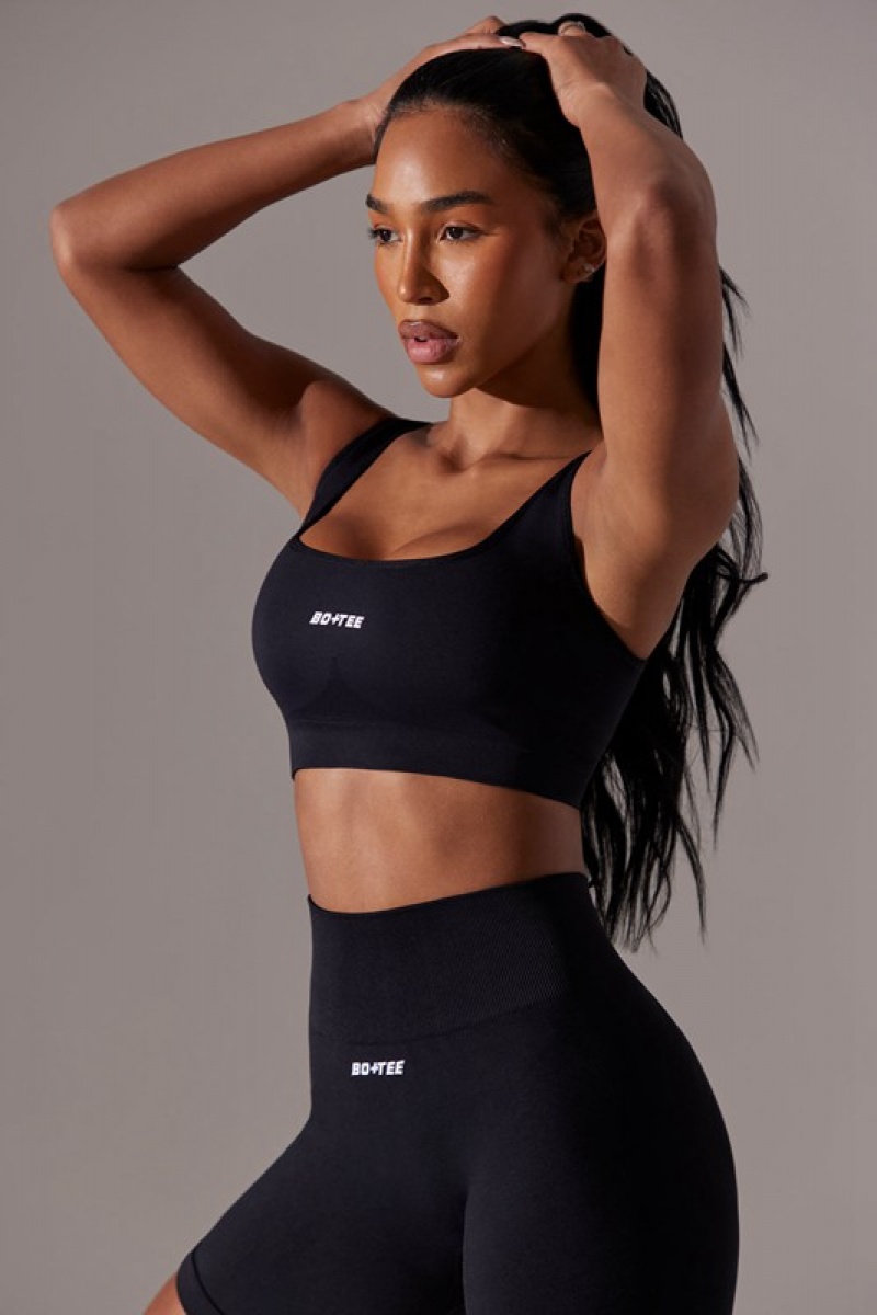 Black Women's Bo And Tee Open Back Square Neck Sports Bra | 26830-FQZM