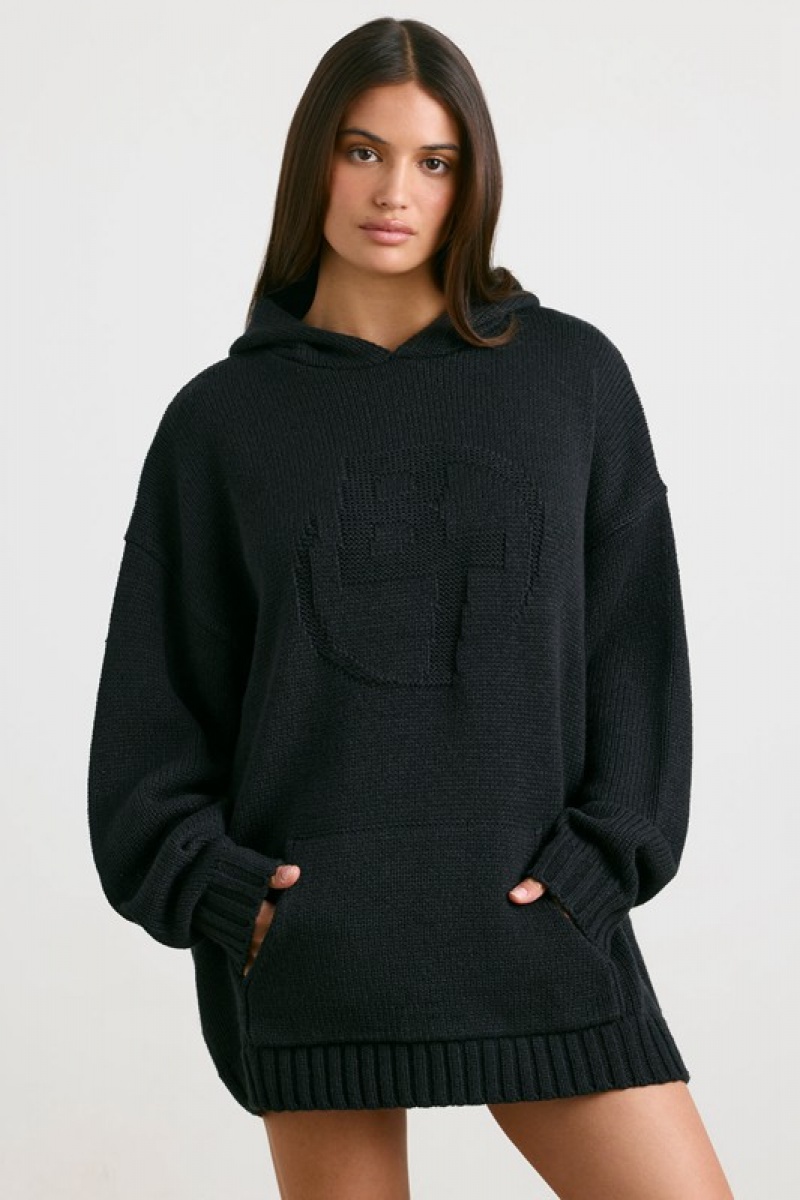 Black Women\'s Bo And Tee Oversized Chunky Knit Hoodie | 71036-YRQJ