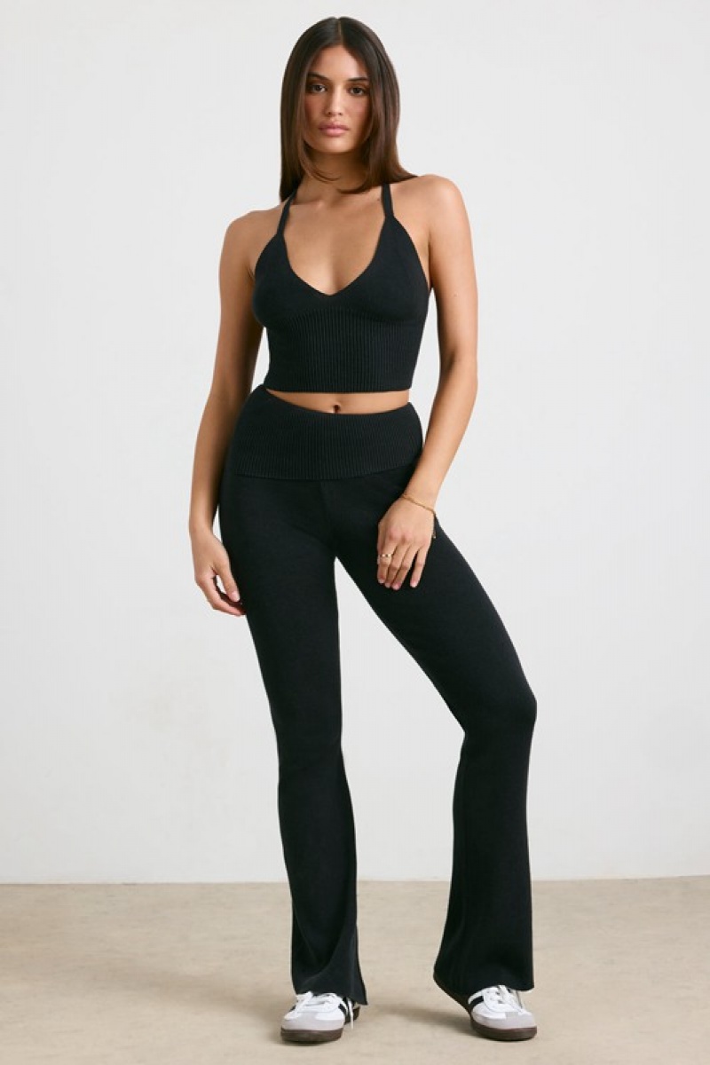 Black Women\'s Bo And Tee Petite Chunky Knit Kick Flare Trousers | 98275-XYKU