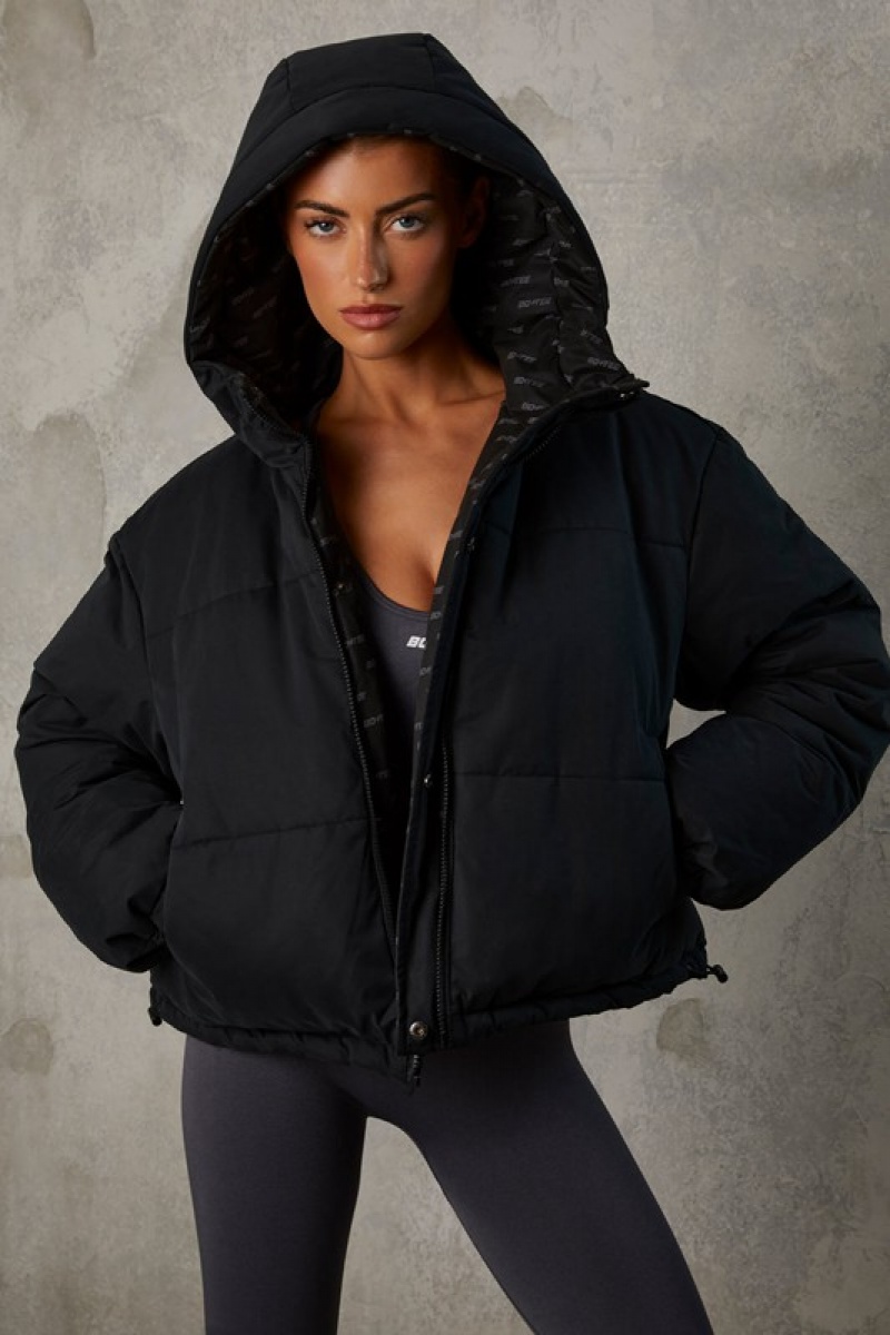 Black Women's Bo And Tee Reversible Hooded Puffer Jacket | 74160-BWKN