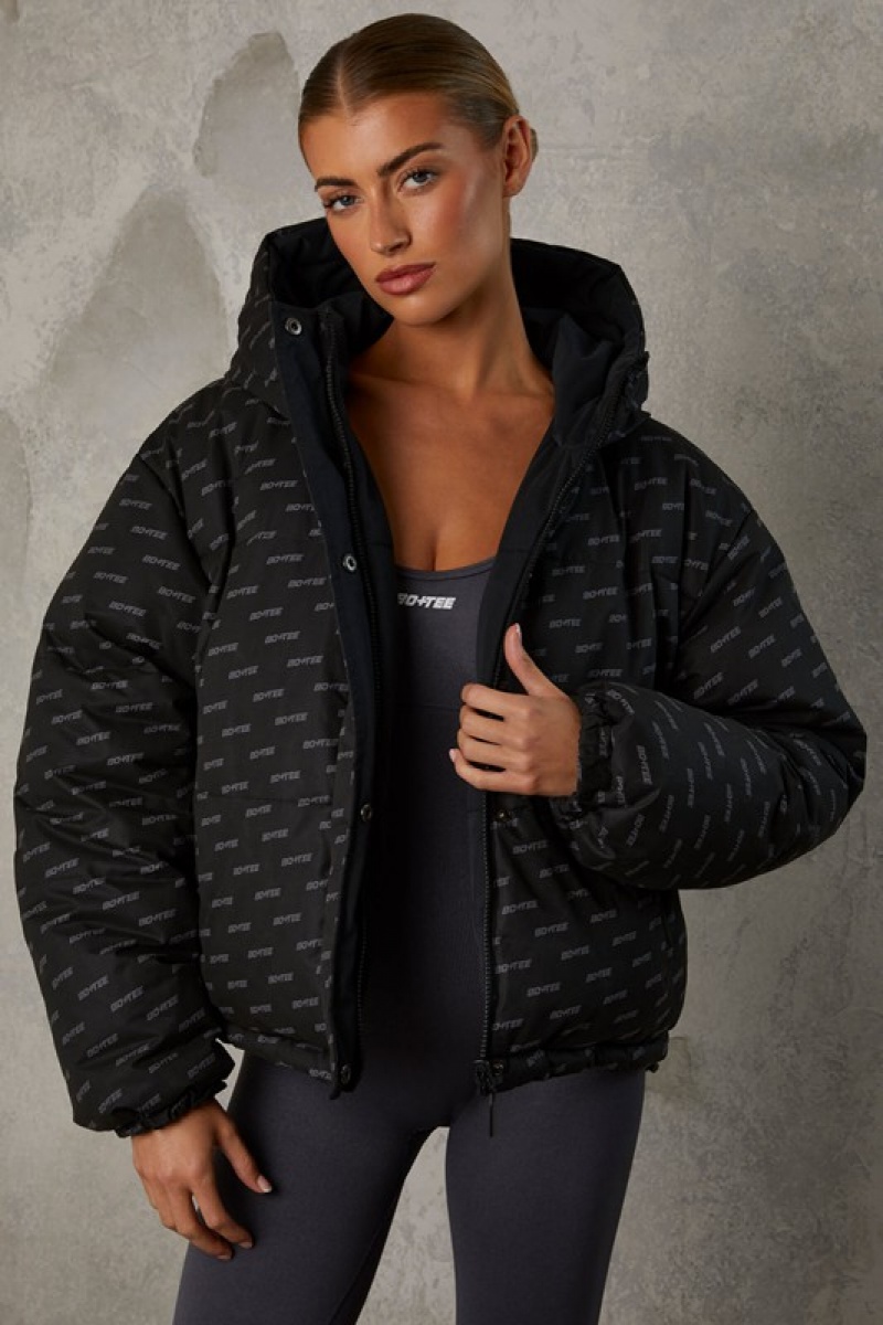 Black Women\'s Bo And Tee Reversible Hooded Puffer Jacket | 74160-BWKN