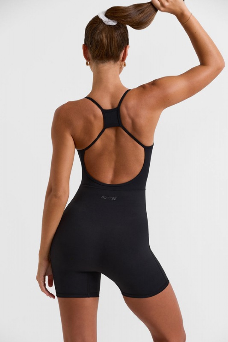 Black Women's Bo And Tee Scoop Neckline Open Back Unitard | 97608-GLHC