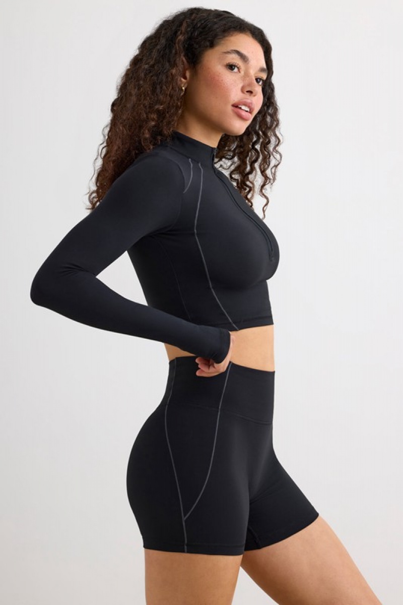 Black Women's Bo And Tee Soft Active Half Zip Crop Tops | 92470-JQHW