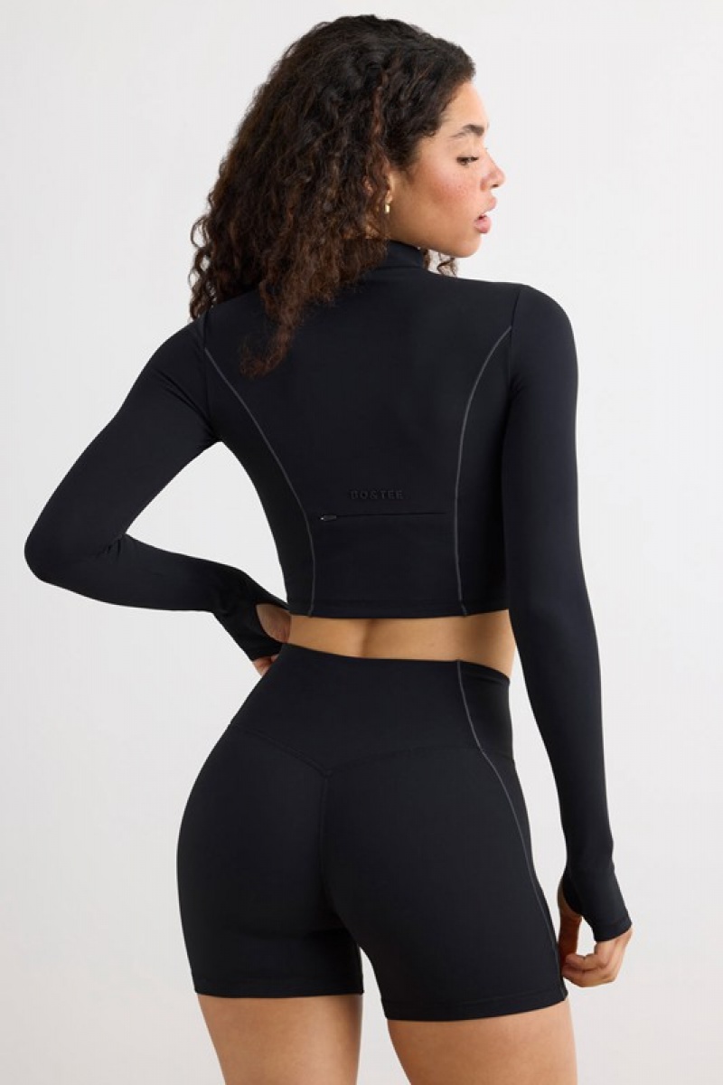 Black Women's Bo And Tee Soft Active Half Zip Crop Tops | 92470-JQHW