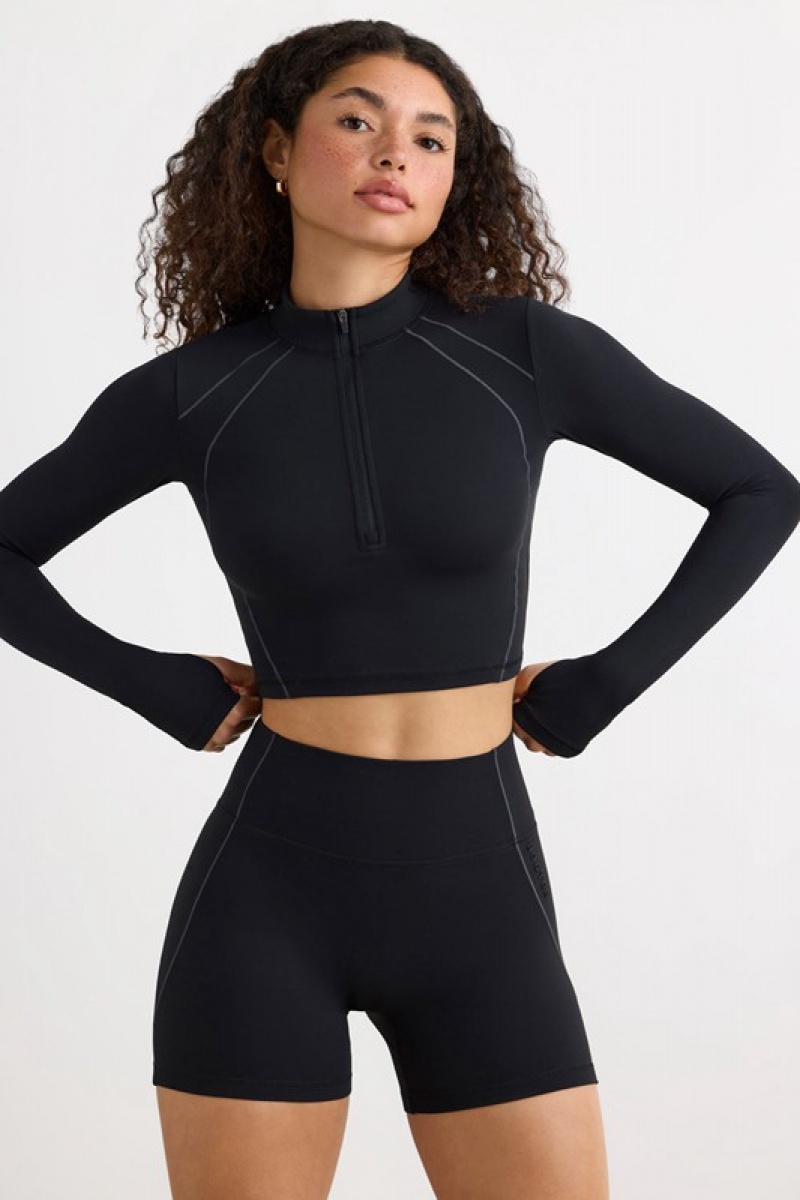 Black Women's Bo And Tee Soft Active Half Zip Crop Tops | 92470-JQHW