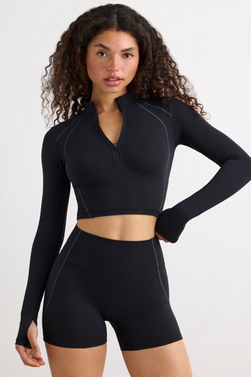 Black Women's Bo And Tee Soft Active Half Zip Crop Tops | 92470-JQHW