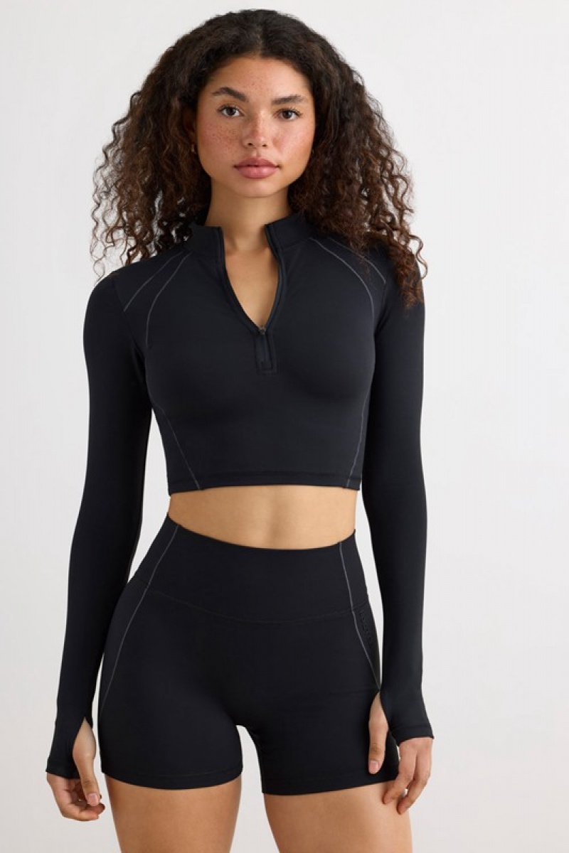 Black Women\'s Bo And Tee Soft Active Half Zip Crop Tops | 92470-JQHW