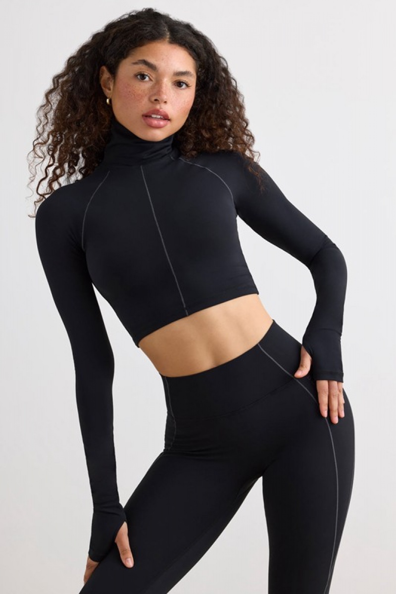 Black Women's Bo And Tee Soft Active Turtleneck Crop Tops | 23148-OFTW