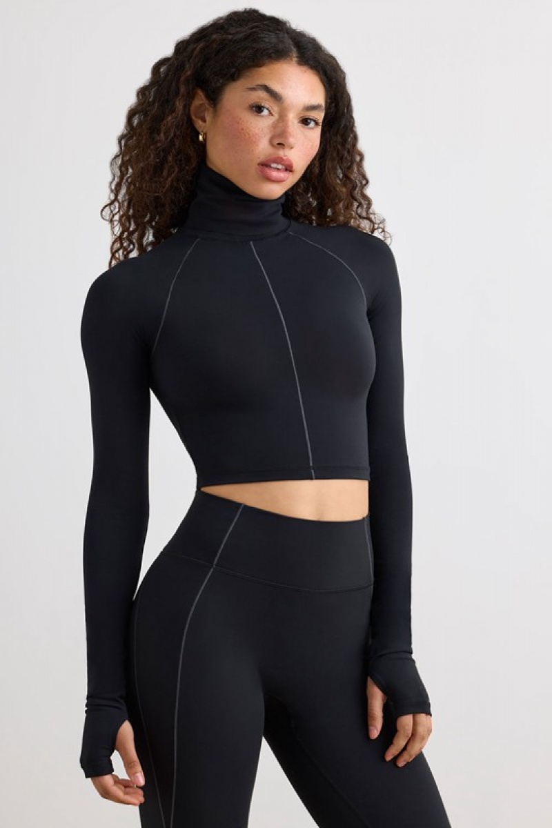 Black Women's Bo And Tee Soft Active Turtleneck Crop Tops | 23148-OFTW