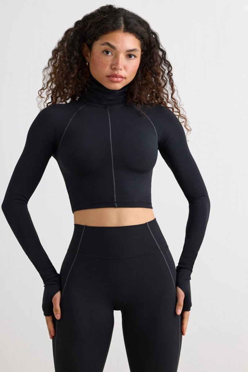 Black Women's Bo And Tee Soft Active Turtleneck Crop Tops | 23148-OFTW