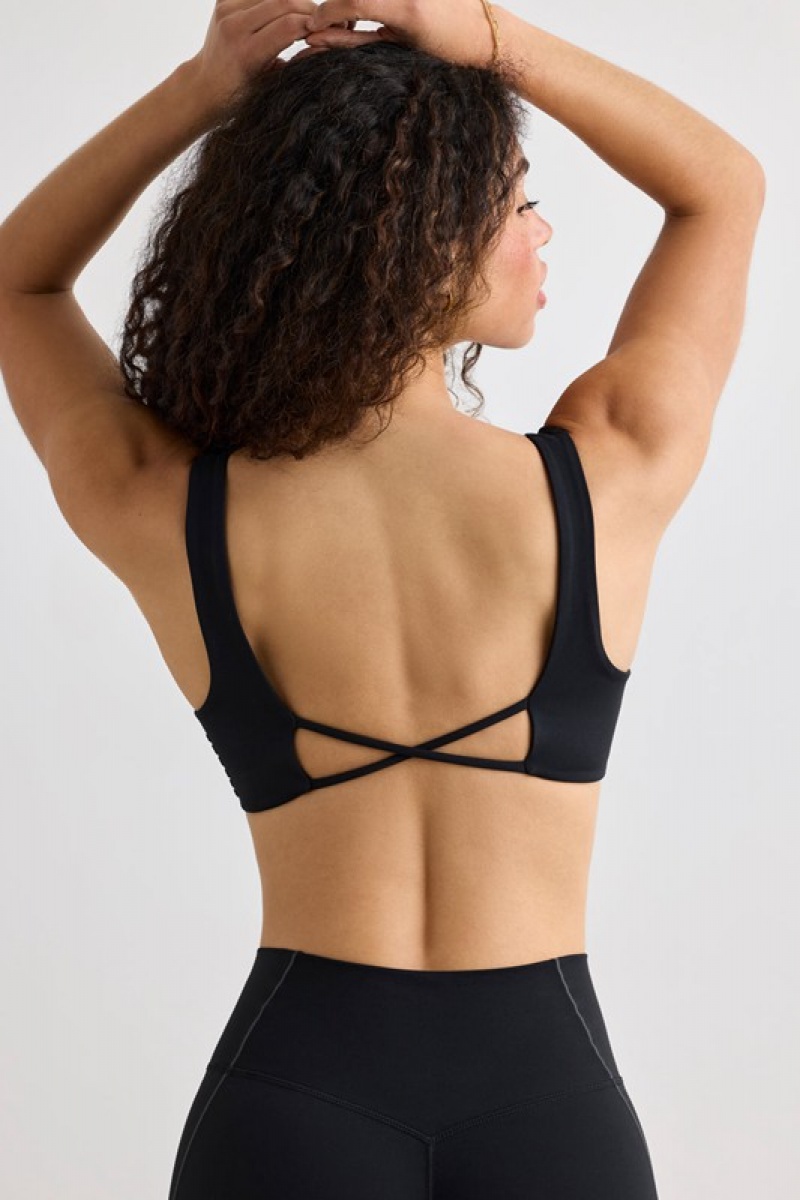 Black Women's Bo And Tee Soft Active V-Neck Sports Bra | 52067-IDKZ