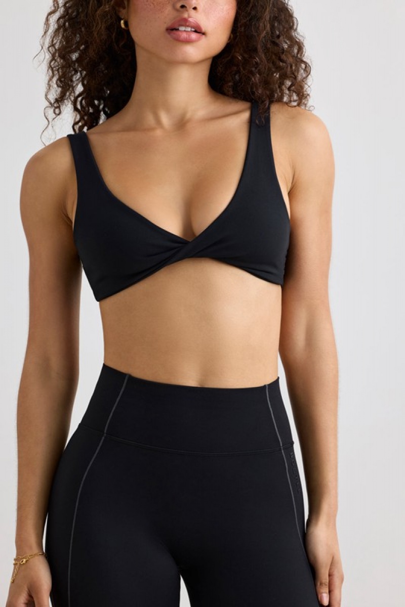 Black Women's Bo And Tee Soft Active V-Neck Sports Bra | 52067-IDKZ