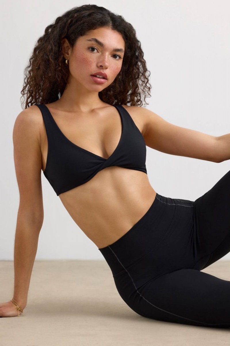 Black Women's Bo And Tee Soft Active V-Neck Sports Bra | 52067-IDKZ